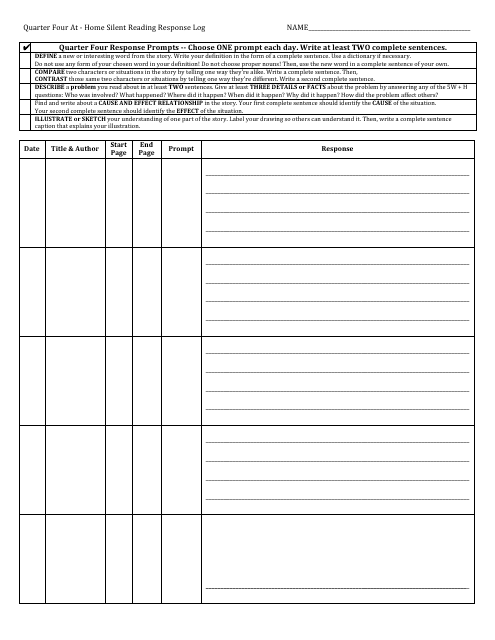Quarter for at - Home Silent Reading Response Log Template
