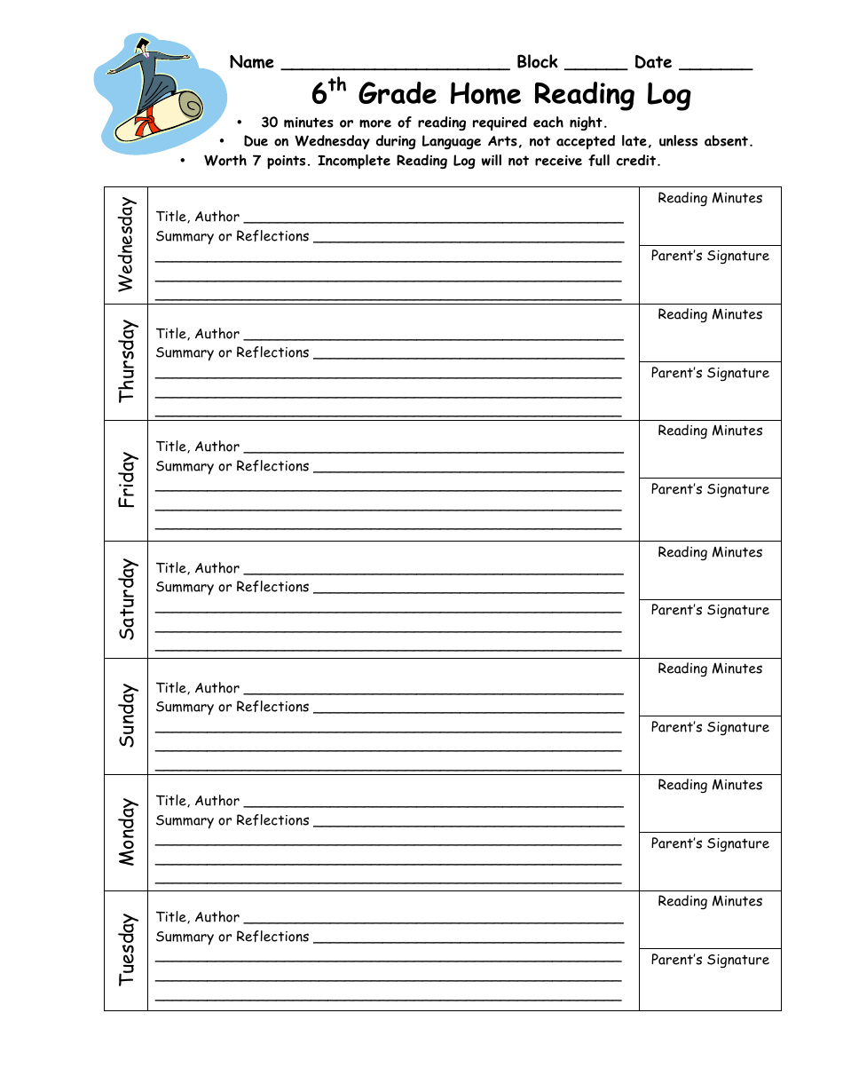 6th Grade Home Reading Log Download Printable PDF Templateroller