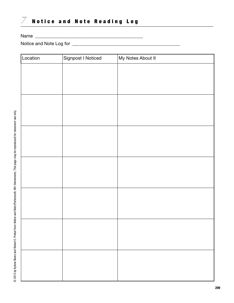 Notice and Note Reading  Log Template Download Printable PDF Within Notice And Note Signposts  Worksheet