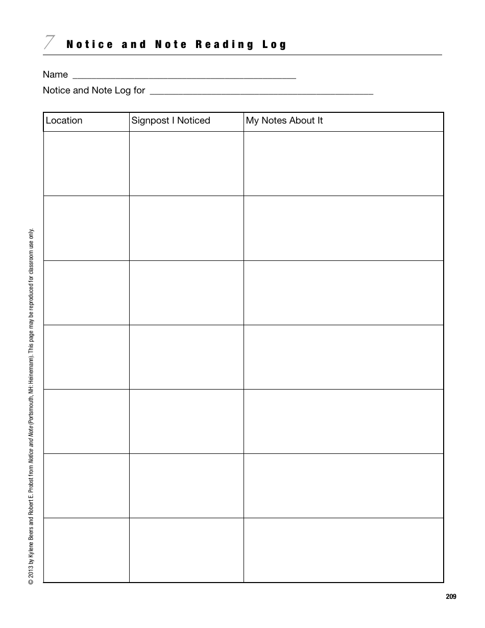 Notice and Note Reading Log Template, Page 1