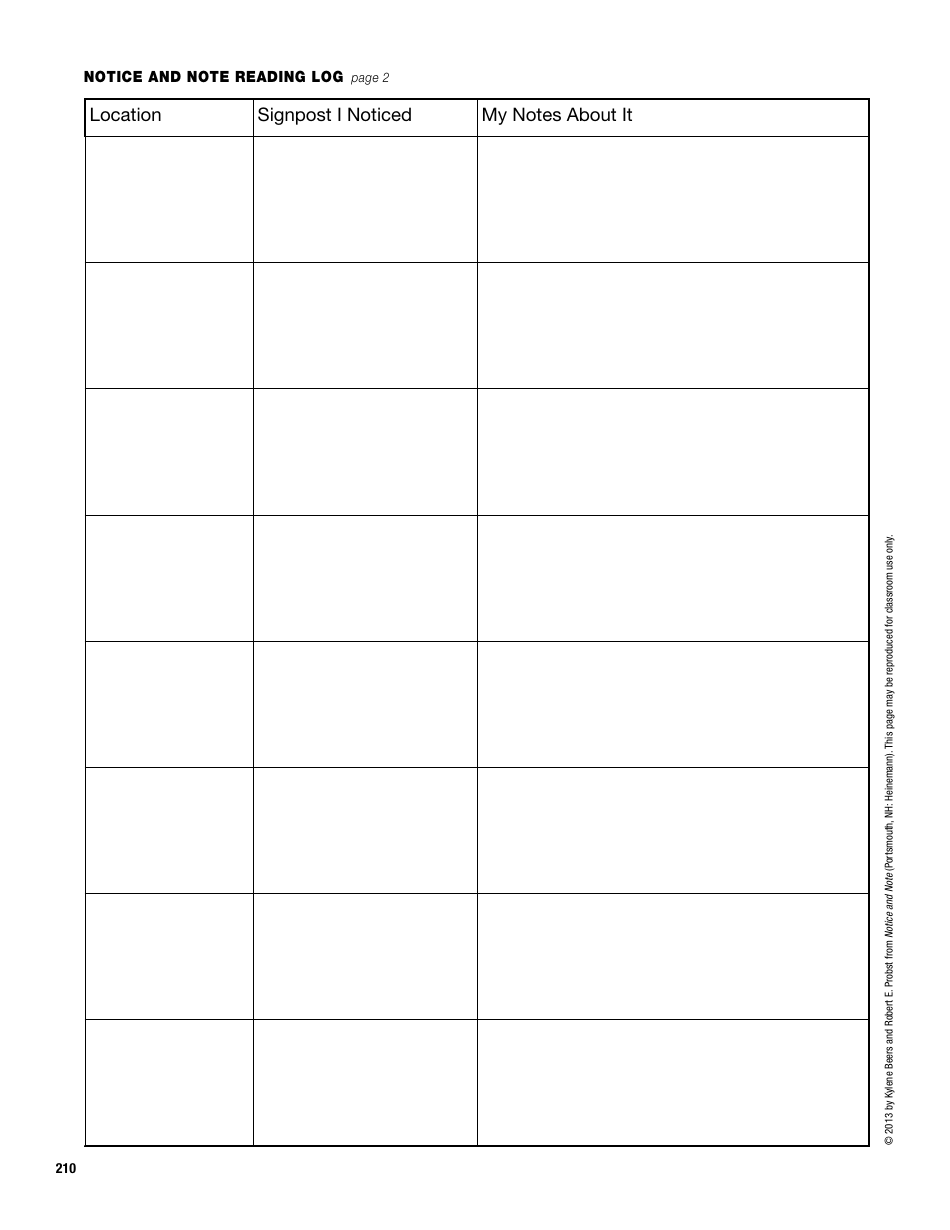Notice and Note Reading Log Template, Page 2