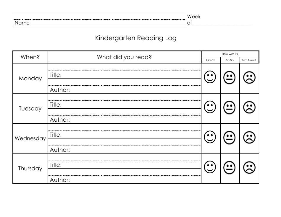 Kindergarten Reading Log Document Preview