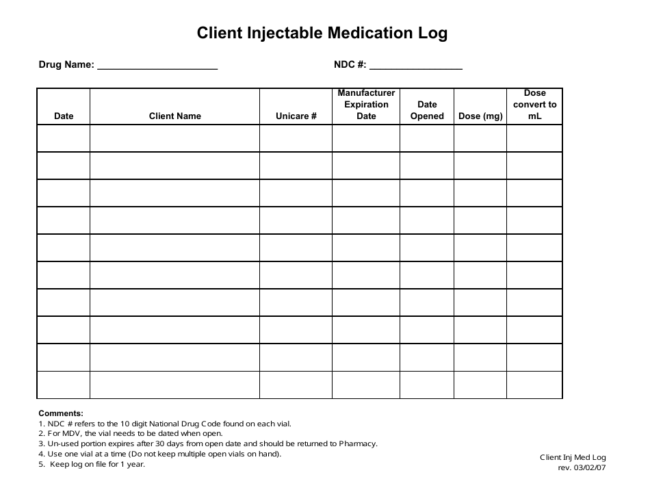 Client Injectable Medication Log - County of Santa Clara, California
