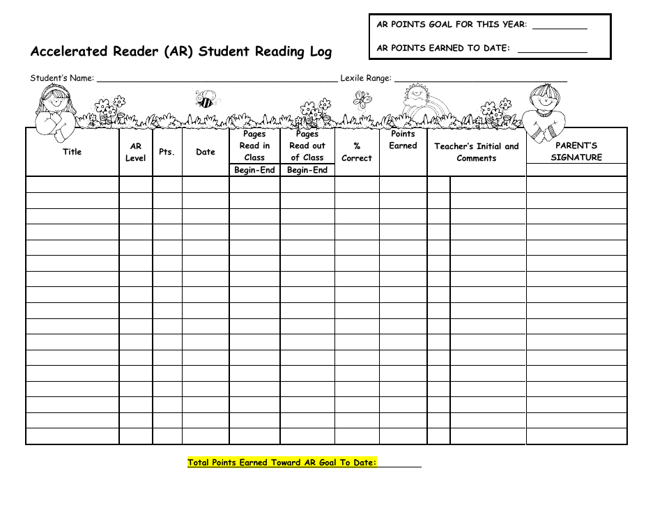 Accelerated Reader (Ar) Student Reading Log, Page 1