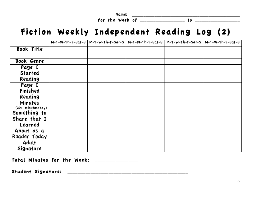 Fiction Weekly Independent Reading Log