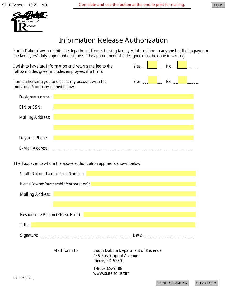 Form SD1365 Information Release Authorization - South Dakota, Page 1