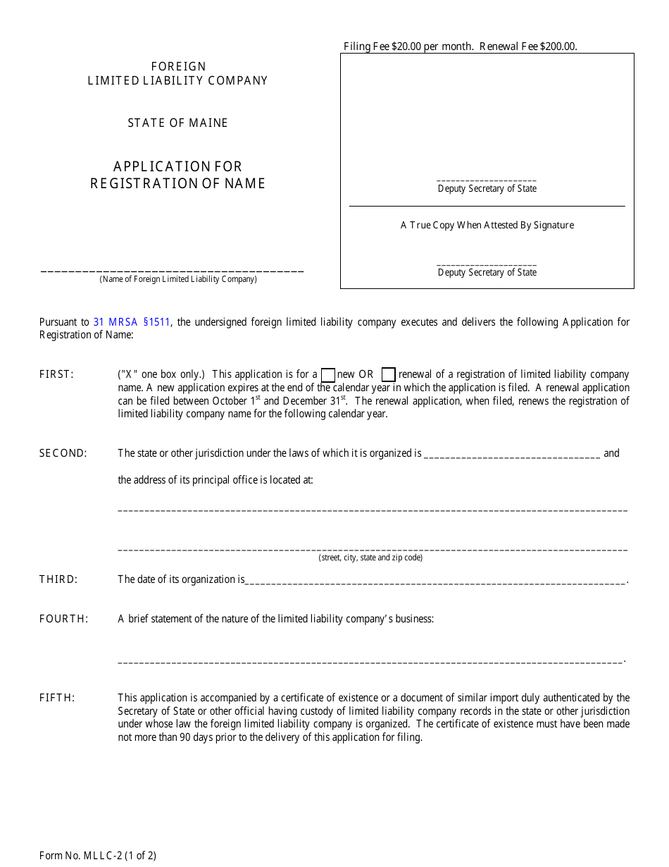 Form MLLC-2 Download Fillable PDF or Fill Online Application for ...