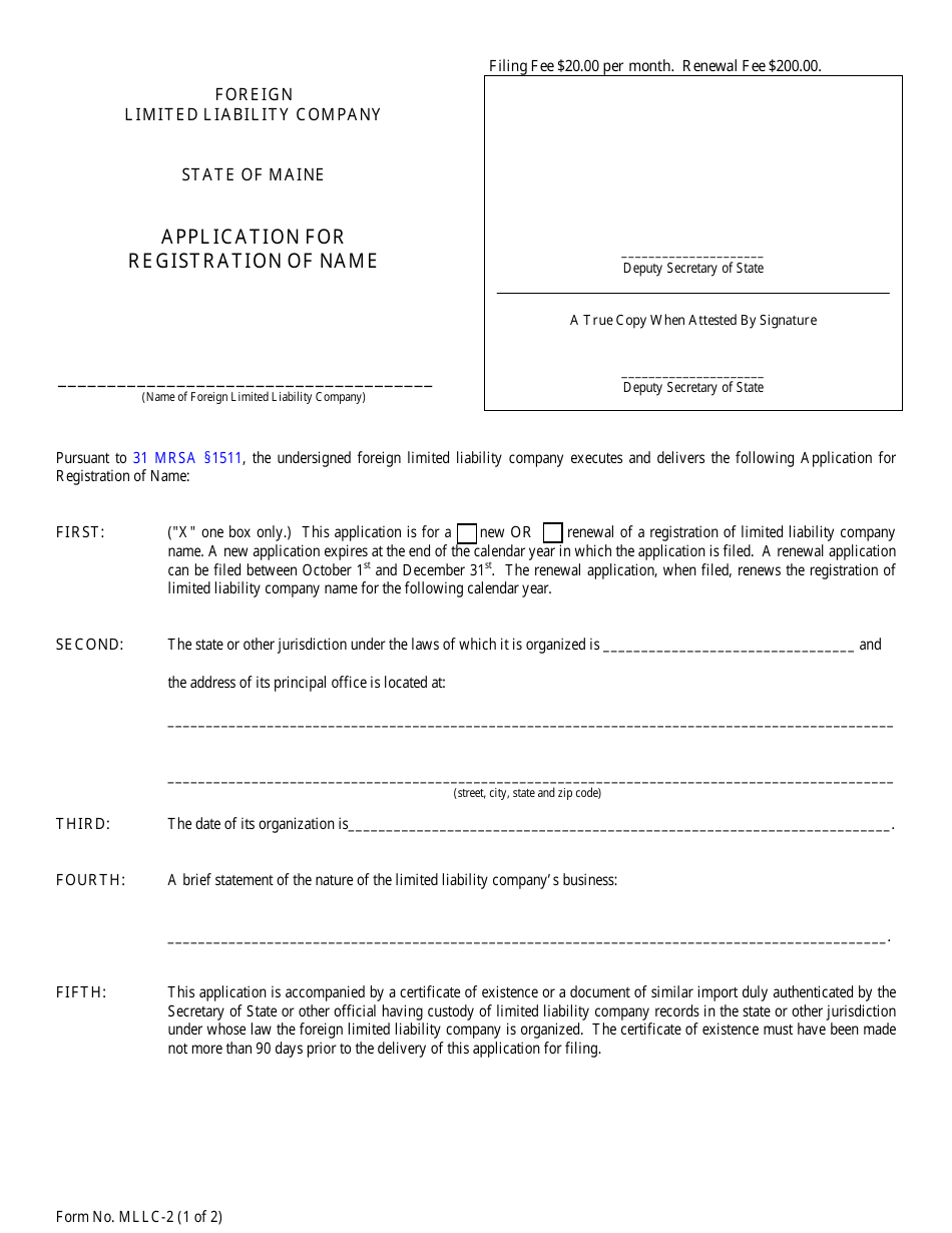 Form MLLC-2 Application for Registration of Name - Maine, Page 1