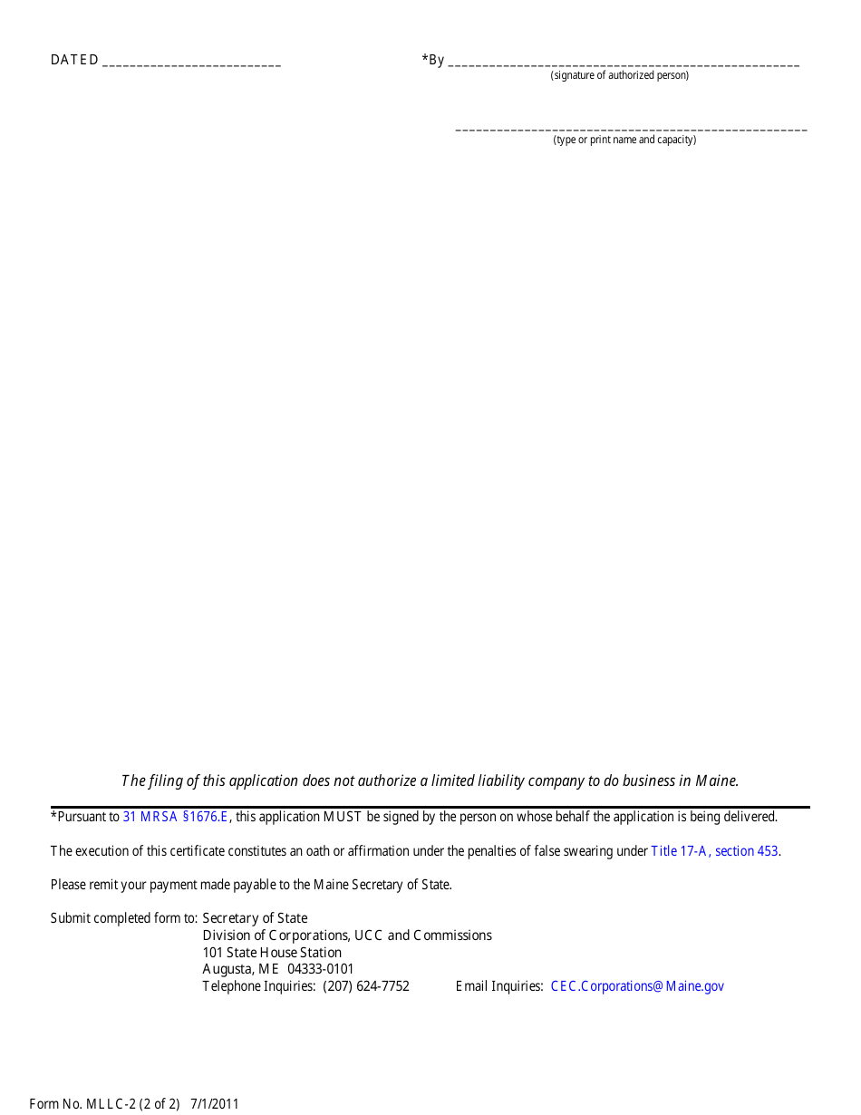Form MLLC-2 Application for Registration of Name - Maine, Page 2