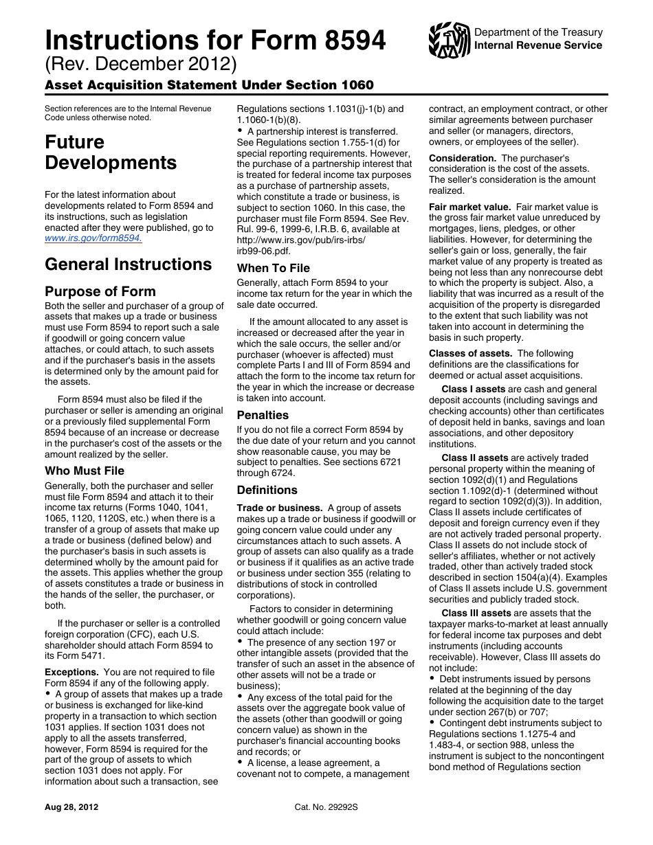 Instructions for IRS Form 8594 Asset Acquisition Statement Under Section 1060, Page 1