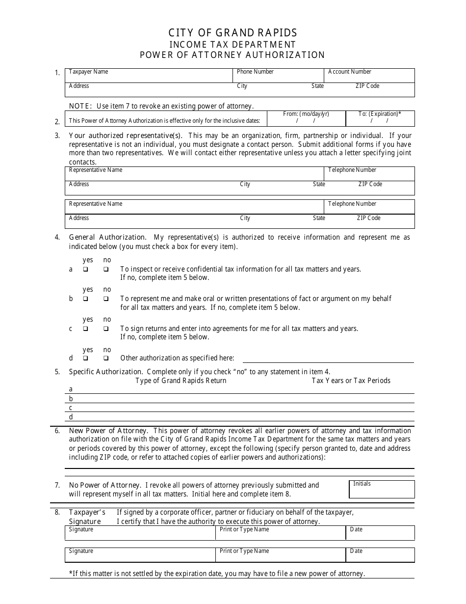 Power of Attorney Authorization Form - CITY OF GRAND RAPIDS, Michigan, Page 1
