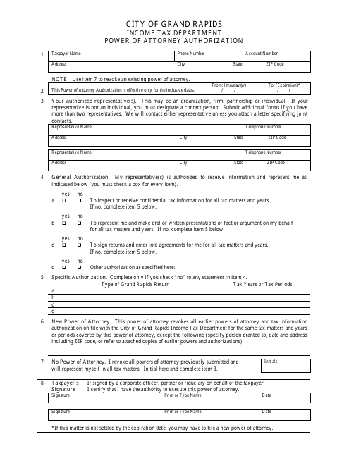 Power of Attorney Authorization Form - CITY OF GRAND RAPIDS, Michigan Download Pdf