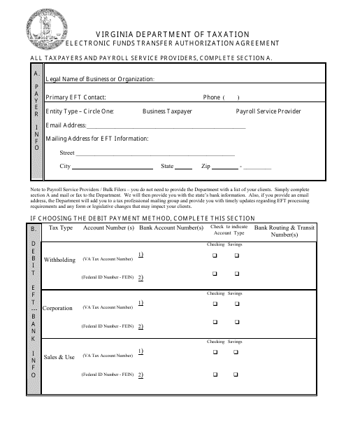 Electronic Funds Transfer Authorization Agreement Form - Virginia Download Pdf