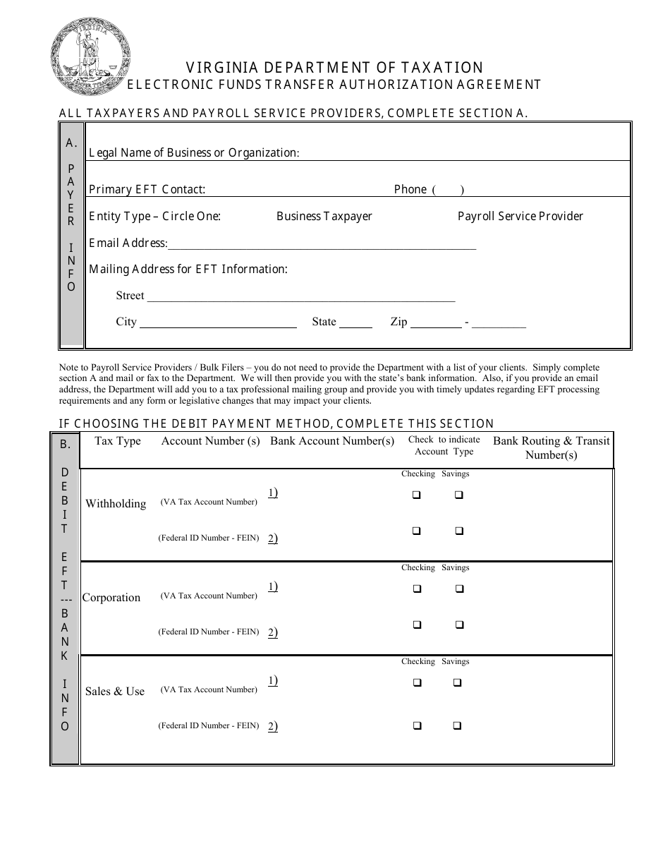 Electronic Funds Transfer Authorization Agreement Form - Virginia, Page 1