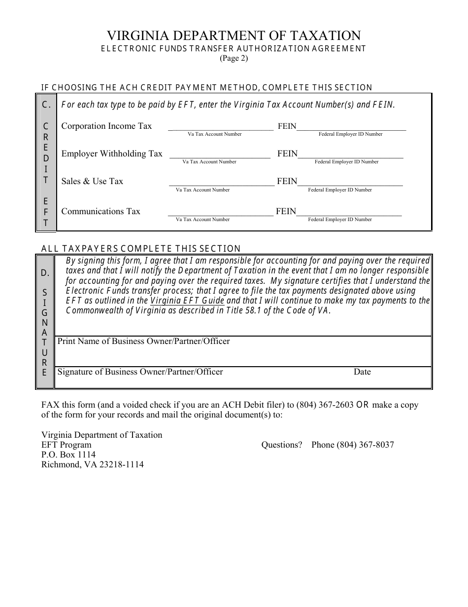 Virginia Electronic Funds Transfer Authorization Agreement Form - Fill ...