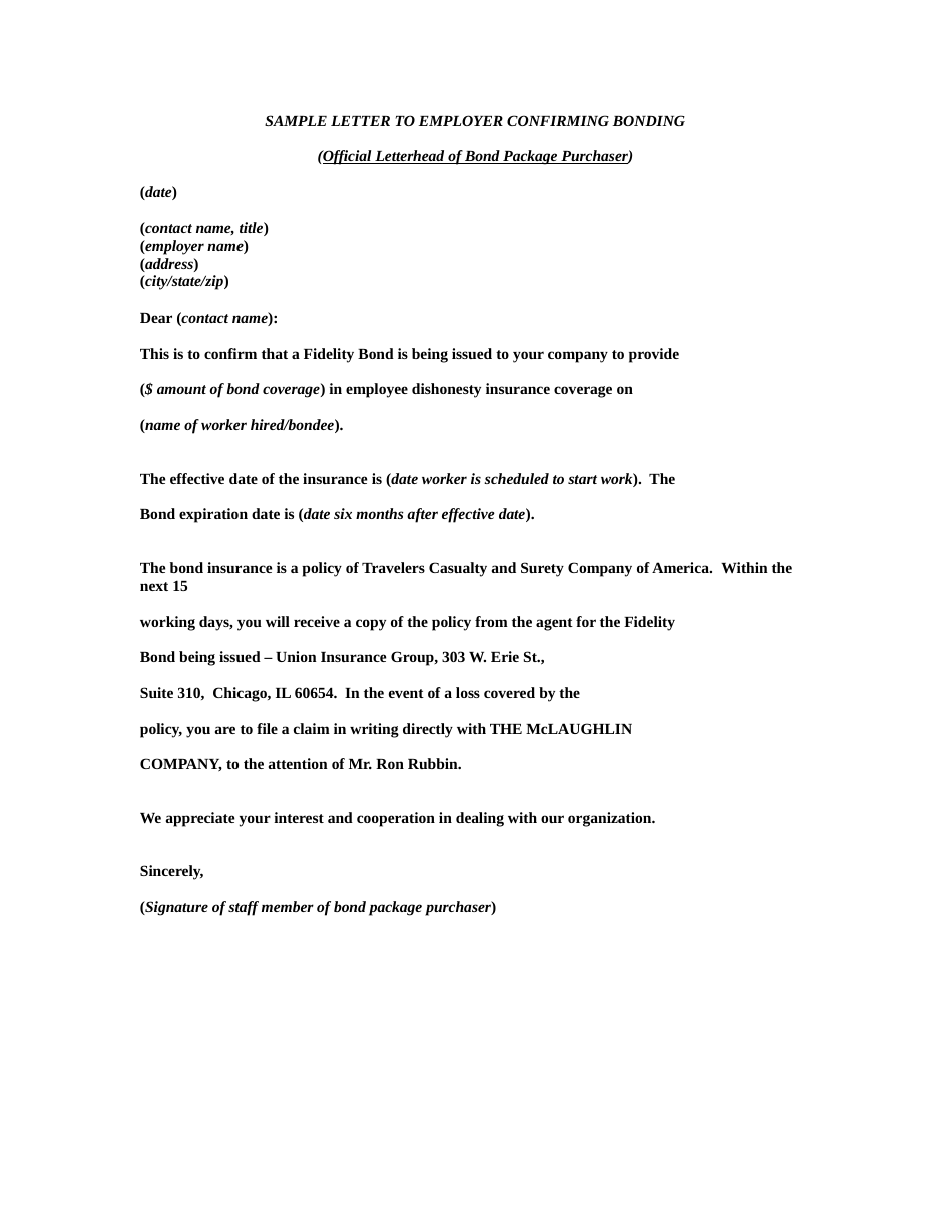 Sample Letter to Employer Confirming Bonding - Fidelity Bond Download ...