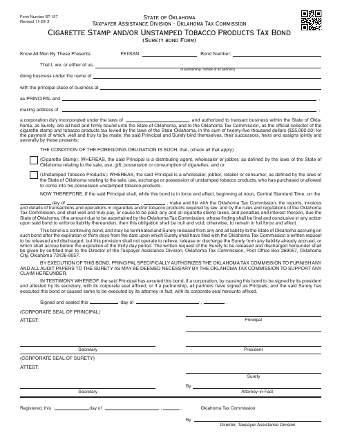 OTC Form BT-157 Cigarette Stamp and/or Unstamped Tobacco Products Tax Bond (Surety Bond Form) - Oklahoma