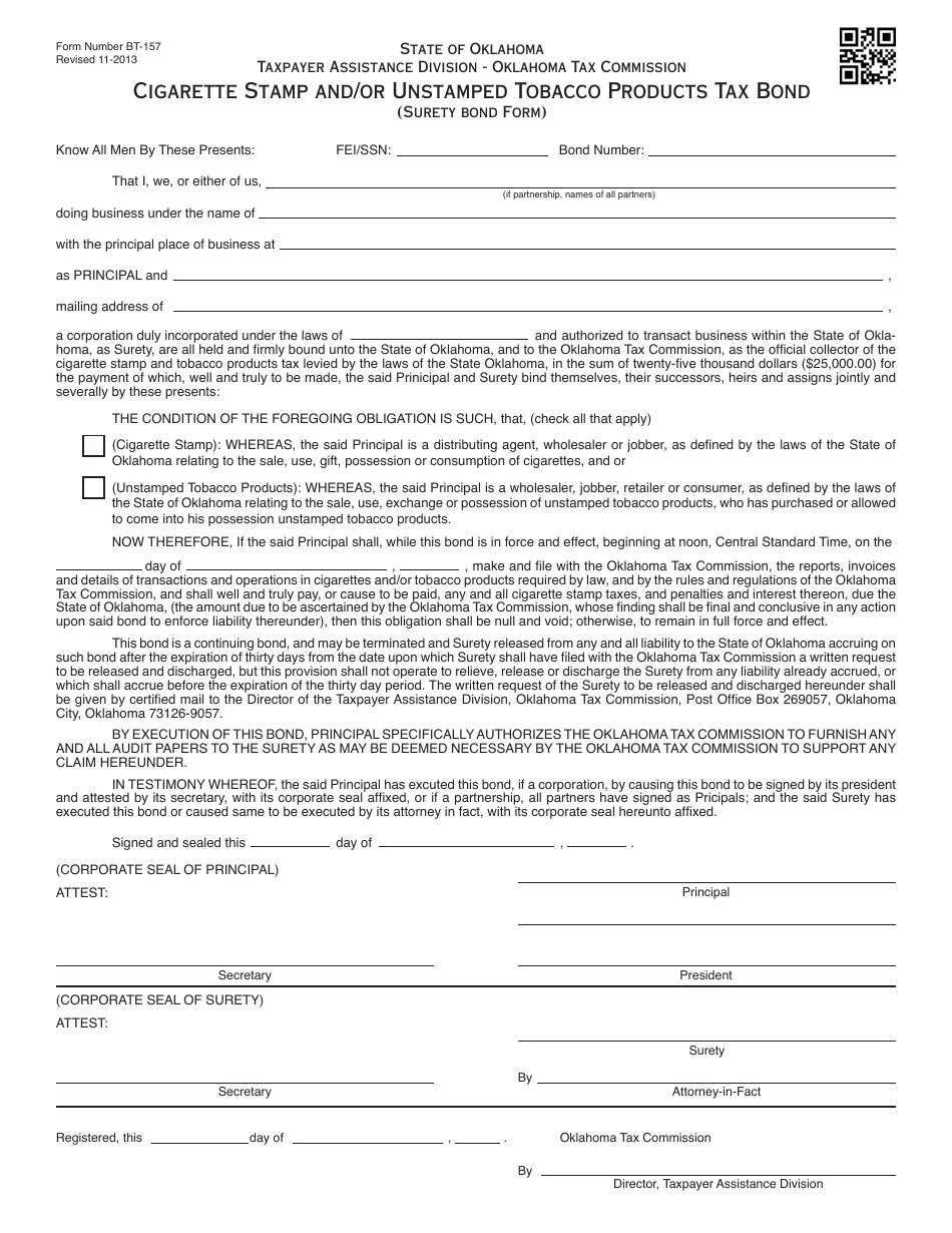 OTC Form BT-157 Cigarette Stamp and / or Unstamped Tobacco Products Tax Bond (Surety Bond Form) - Oklahoma, Page 1