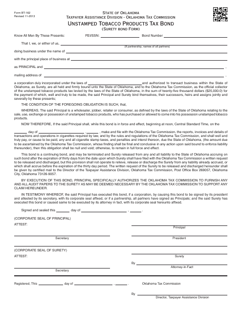 OTC Form BT-162 Unstamped Tobacco Products Tax Bond (Surety Bond Form) - Oklahoma