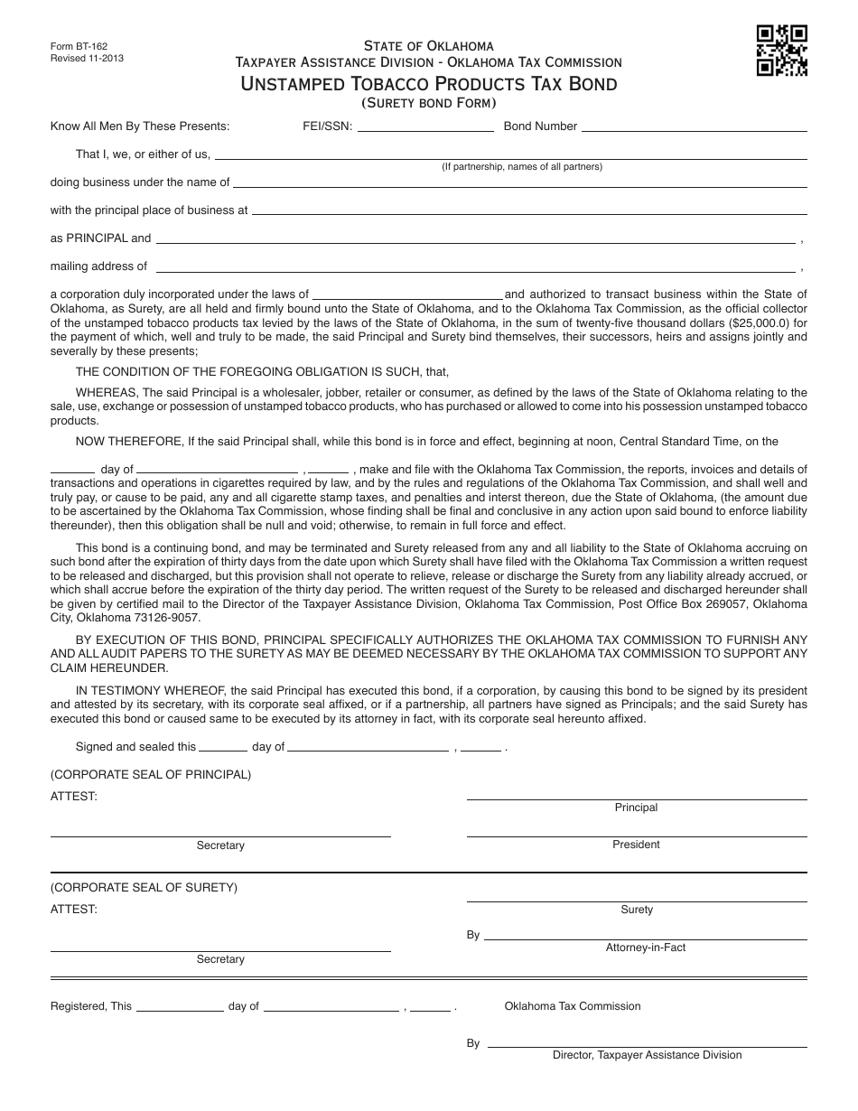 OTC Form BT-162 Unstamped Tobacco Products Tax Bond (Surety Bond Form) - Oklahoma, Page 1