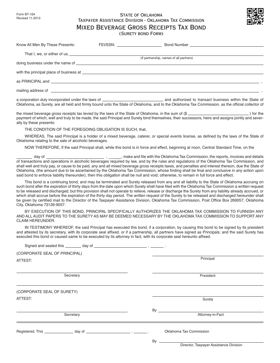 OTC Form BT-164 Mixed Beverage Gross Receipts Tax Bond (Surety Bond Form) - Oklahoma, Page 1