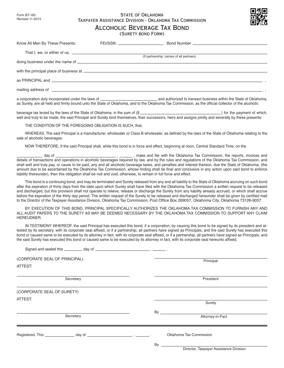 OTC Form BT-165 Alcoholic Beverage Tax Bond (Surety Bond Form) - Oklahoma, Page 1