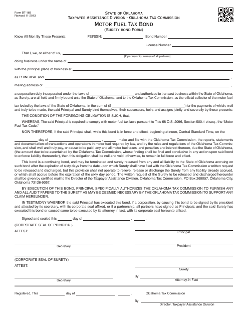 OTC Form BT-168 Motor Fuel Tax Bond (Surety Bond Form) - Oklahoma