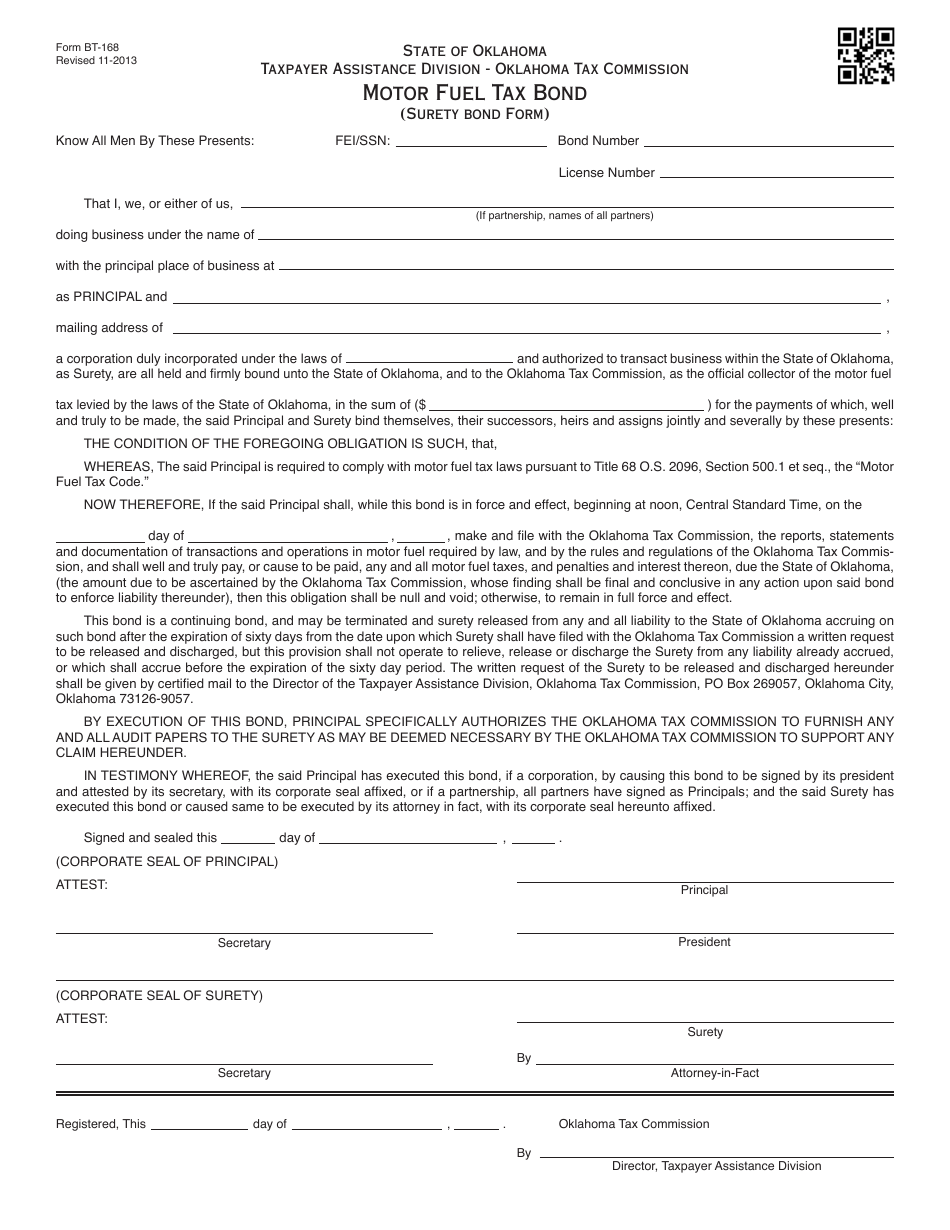 OTC Form BT-168 Motor Fuel Tax Bond (Surety Bond Form) - Oklahoma, Page 1