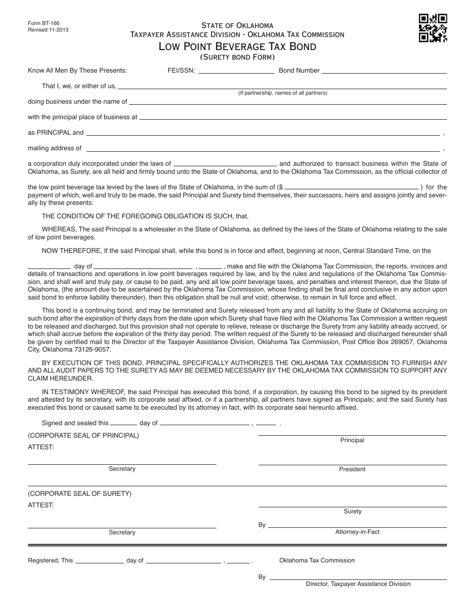 OTC Form BT-166 Low Point Beverage Tax Bond (Surety Bond Form) - Oklahoma, Page 1