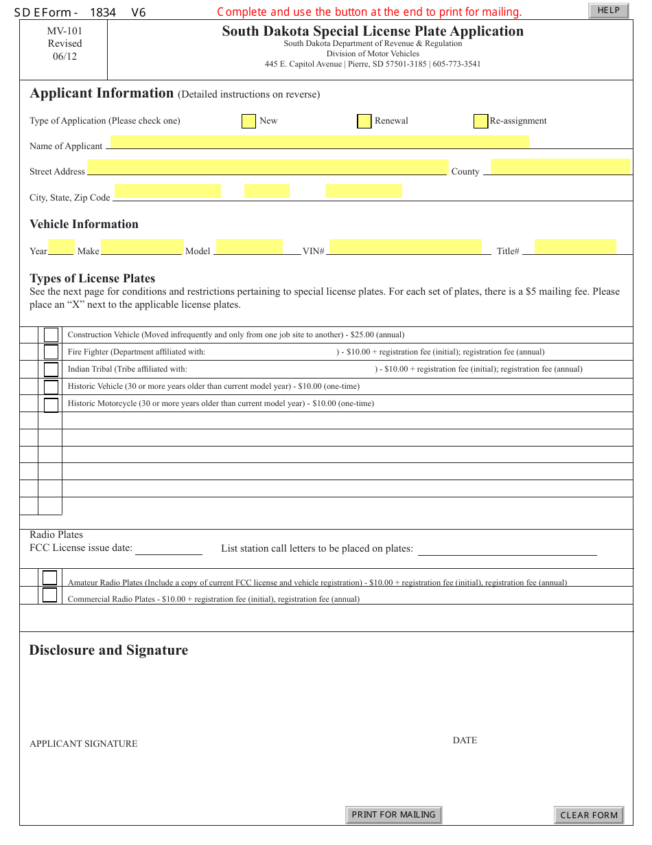 Form MV-101 South Dakota Special License Plate Application - South Dakota, Page 1