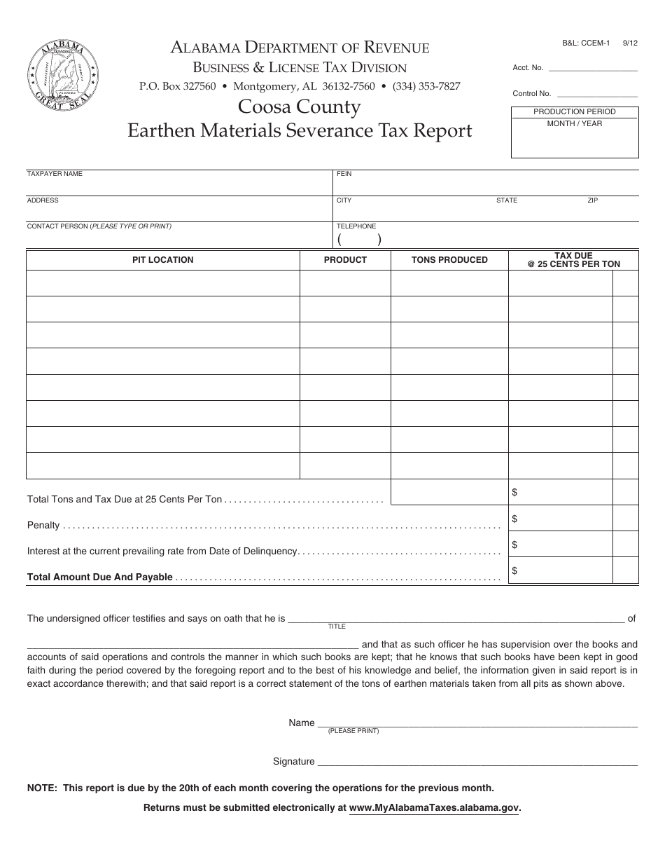 Form BL: CCEM-1 Earthen Materials Severance Tax Report - Coosa County, Alabama, Page 1