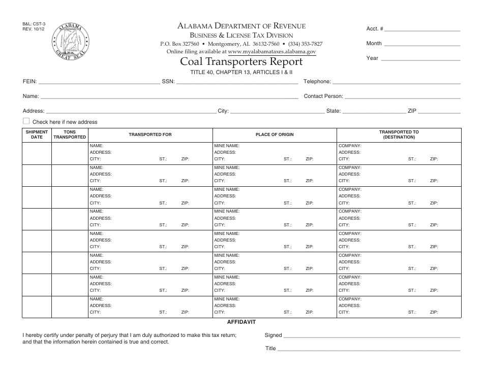 Form BL: CST-3 Coal Transporters Report - Alabama, Page 1