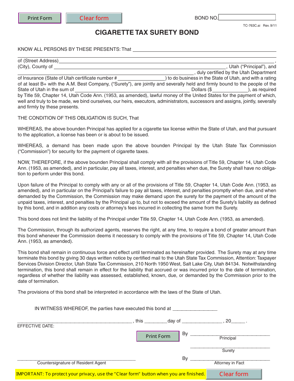 Form TC-763C Cigarette Tax Surety Bond - Utah, Page 1