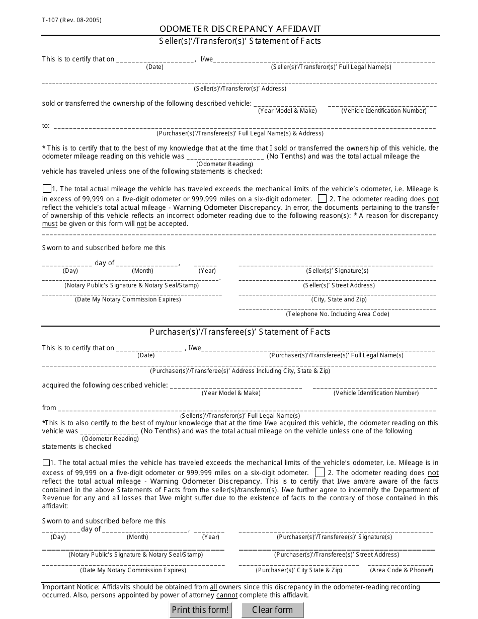 Form T-107 Odometer Discrepancy Affidavit - Seller(S) / Transferor(S) Statement of Facts - Georgia (United States), Page 1
