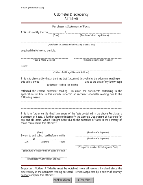 Form T-107A Odometer Discrepancy Affidavit - Georgia (United States)
