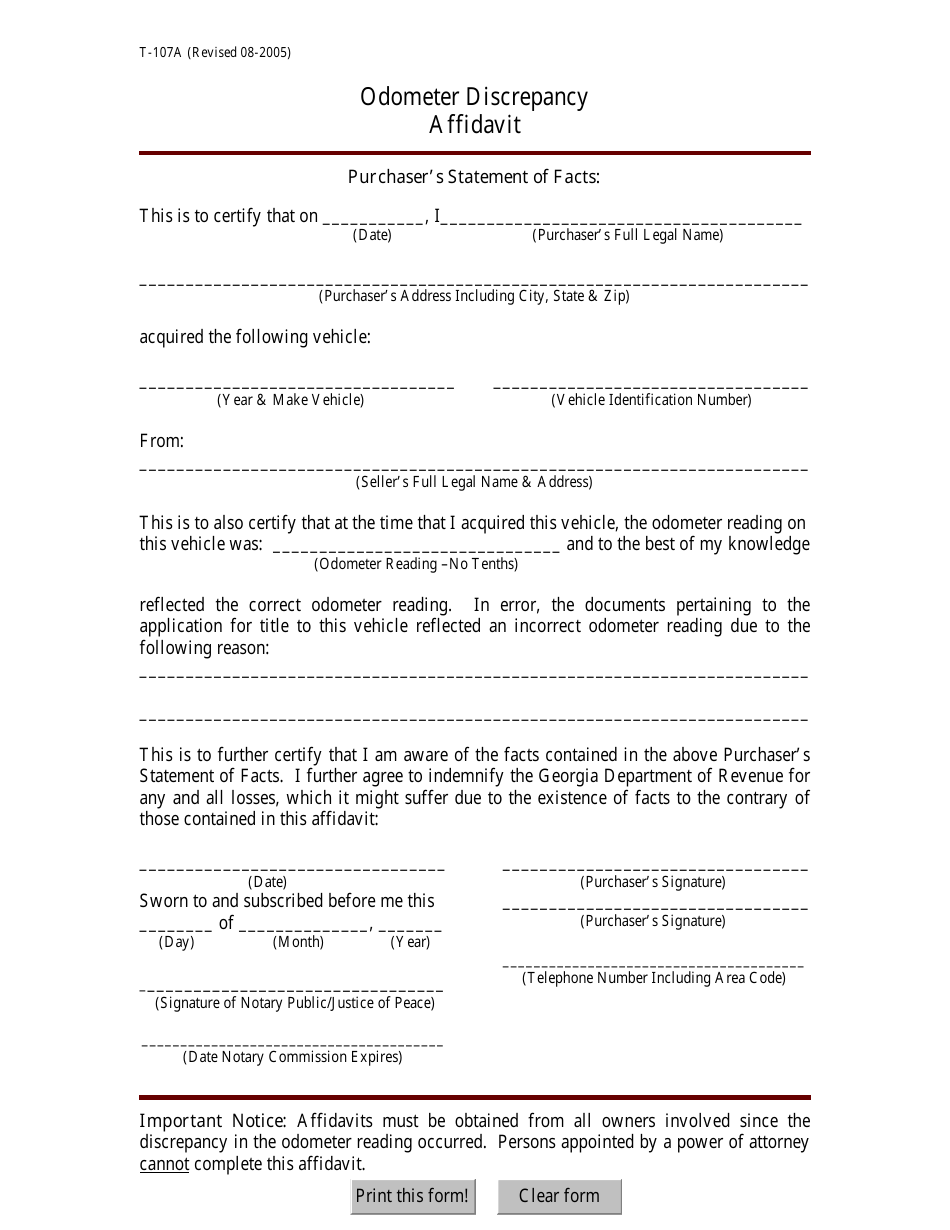 Form T-107A Odometer Discrepancy Affidavit - Georgia (United States), Page 1