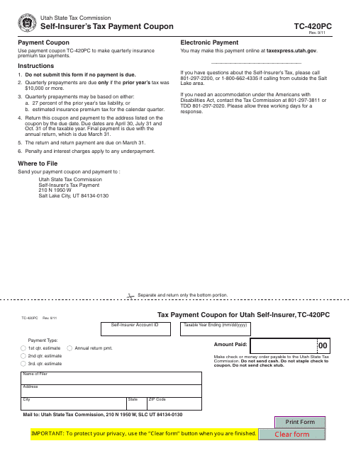 Form TC-420PC Self-insurer's Tax Payment Coupon - Utah