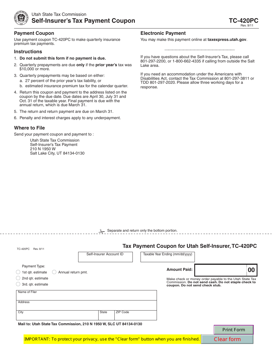 Form TC-420PC Self-insurers Tax Payment Coupon - Utah, Page 1