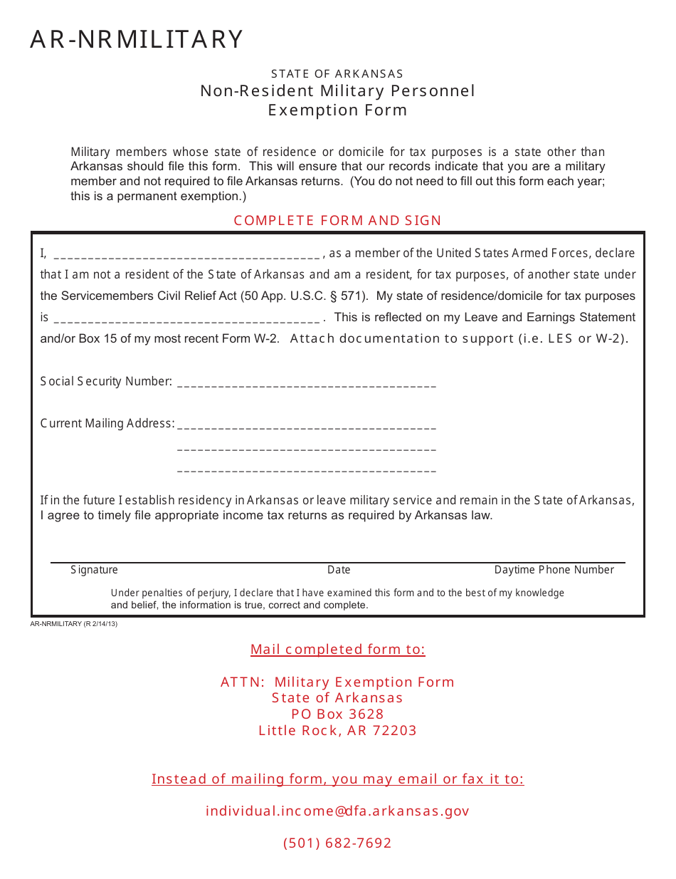 Form AR-nrmilitary Non-resident Military Personnel Exemption Form - Arkansas, Page 1