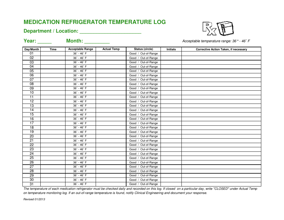 Medication Refrigeration Temperature Log - Rx Document