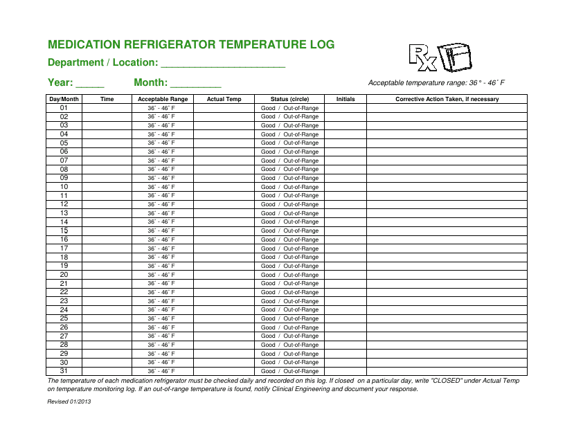 Medication Refrigeration Temperature Log Rx Download Printable PDF