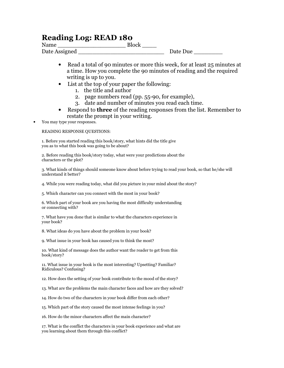 Read 180 Reading Log Template, Page 1