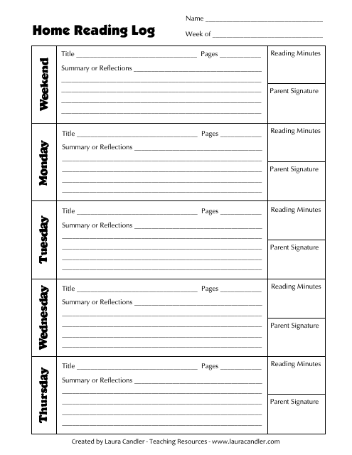 &quot;Home Reading Log Template&quot; Download Pdf