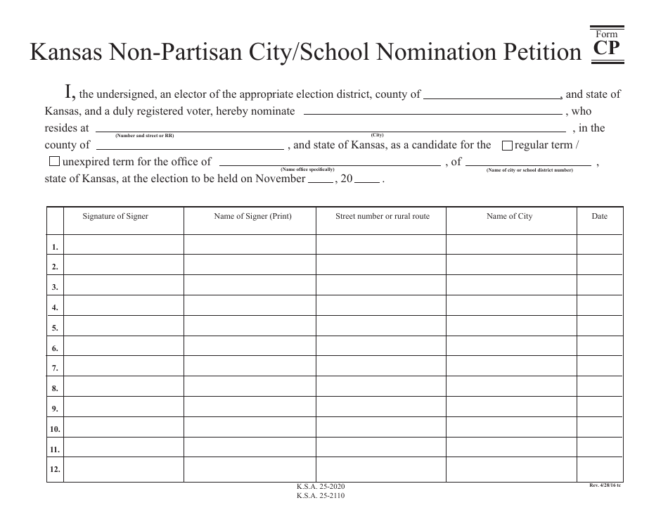 Form CP Kansas Non-partisan City/School Nomination Petition - Kansas, Page 1