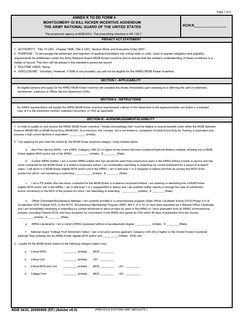NGB Form 5435 (DD Form 4) Annex K Montgomery Gi Bill Kicker Incentive Addendum