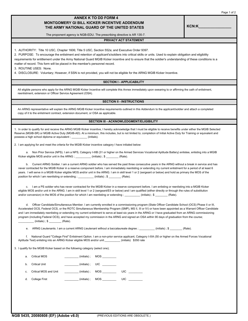 NGB Form 5435 (DD Form 4) Annex K Montgomery Gi Bill Kicker Incentive Addendum, Page 1