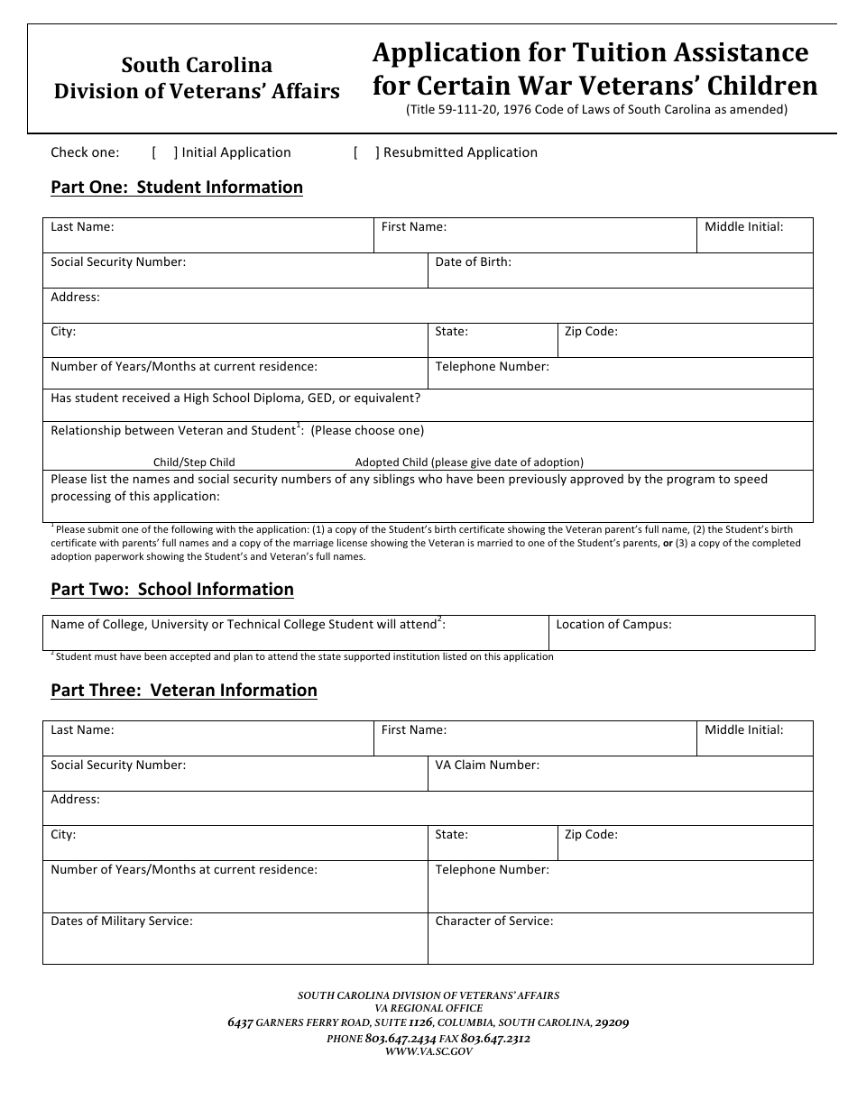 Application for Tuition Assistance for Certain War Veterans Children - South Carolina, Page 1