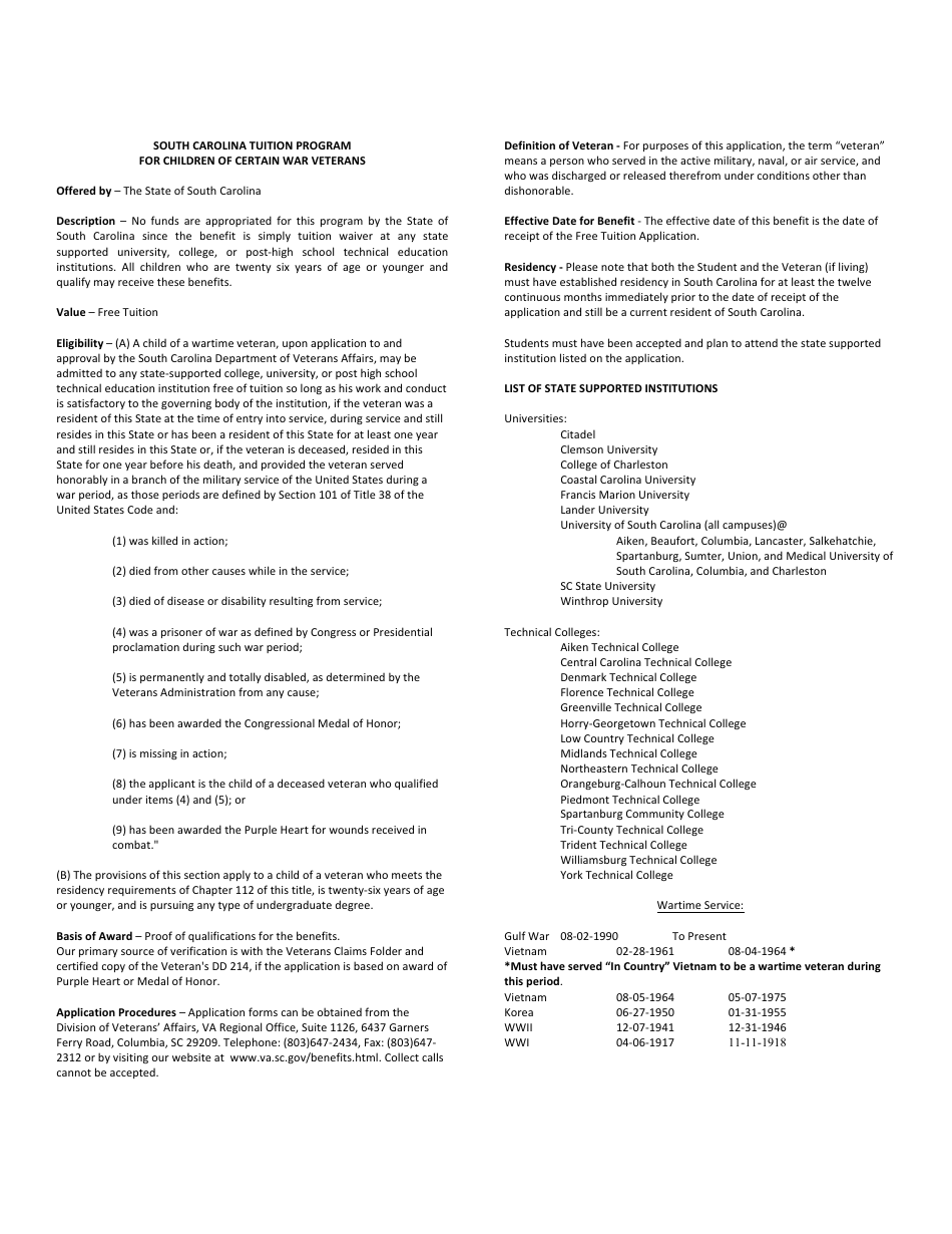 Application for Tuition Assistance for Certain War Veterans Children - South Carolina, Page 4