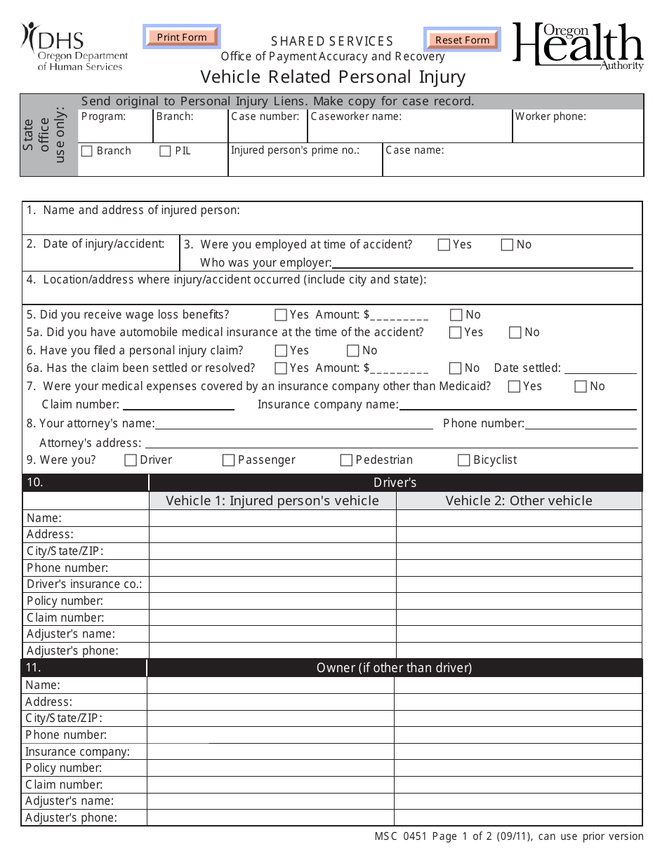 Form MSC0451 Vehicle Related Personal Injury - Oregon, Page 1