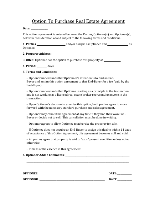 Option to Purchase Real Estate Agreement Template - Six Points Download Pdf